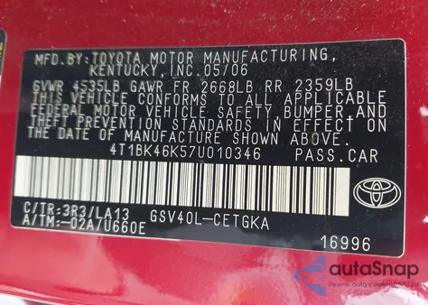 2007 Toyota Camry Xle V6 z USA, uszkodzony, nr VIN 4T1BK46K57U010346